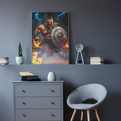 D&D inspired wall art of a BARBARIAN in full RAGE mode holding a shield with flames about to engulf him as lightening streaks across the thunder storm filled sky. sitting on a shelf in a grey room.