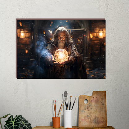 A dynamic illustration of a SORCRER in D&D style holding a glowing orb as a gift for the viewer. The ancient sorcerer offers the wisdom and magic of the ages. On a canvas handing over the artist work bench